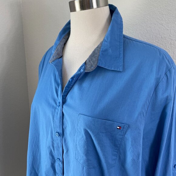 Tommy Hilfiger Womens Plus XXL Blue Roll Tab Sleeve Button Up Shirt Blouse Top - Picture 2 of 11